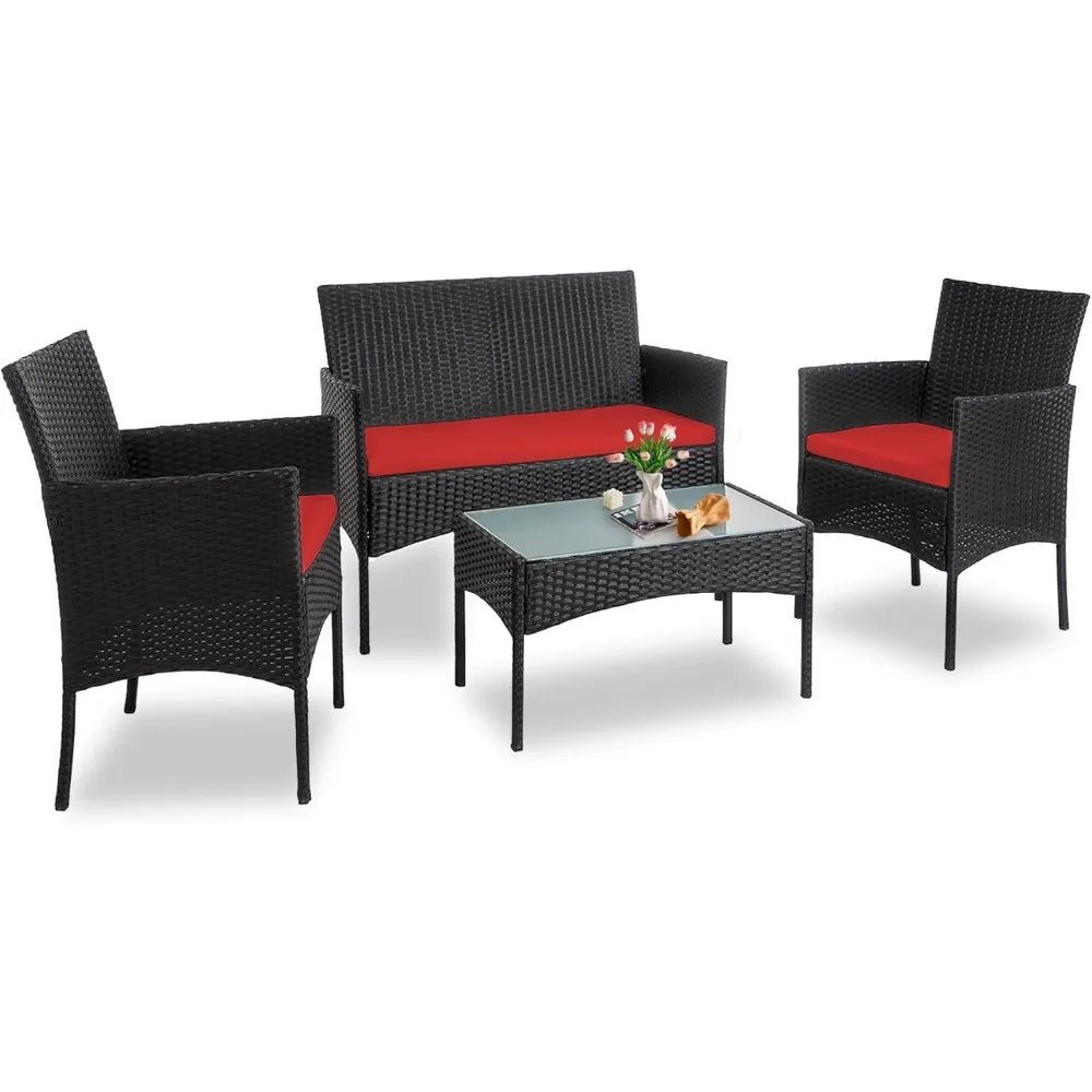 

4 Piece Outdoor Wicker Patio Conversation Furniture Set, Rattan Chair Wicker Sofa Garden Conversation Sets with Cushion and Gla