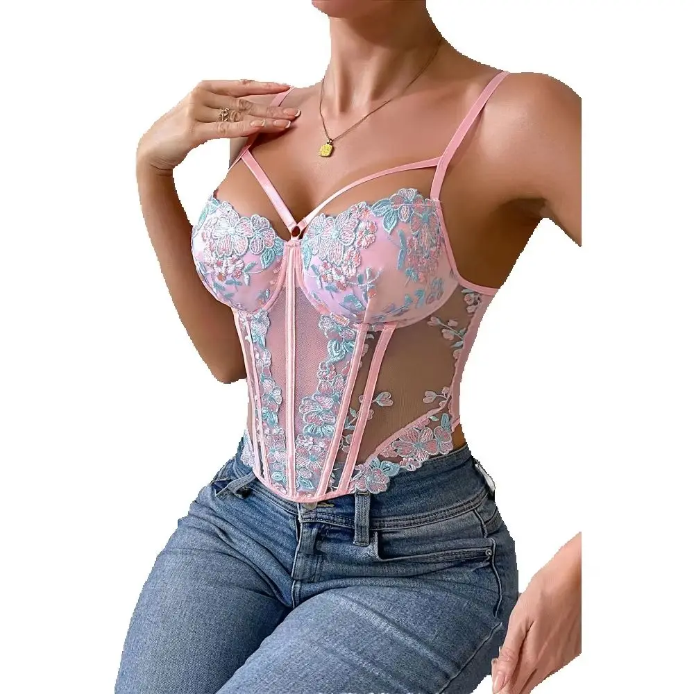 

European Style Embroidered Floral Fishbone Buttoned Strap Sexy French Style Vest Top Innerwear Outerwear for Trendy Girls