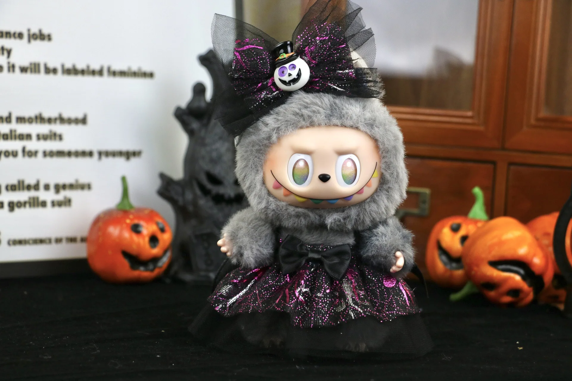 Halloween Atmosphere Pumpkin Cape for Labubu Cute Magic Broom Cloak Set Bat Decorative Button for 17cm Ladbubu Dolls Accessories