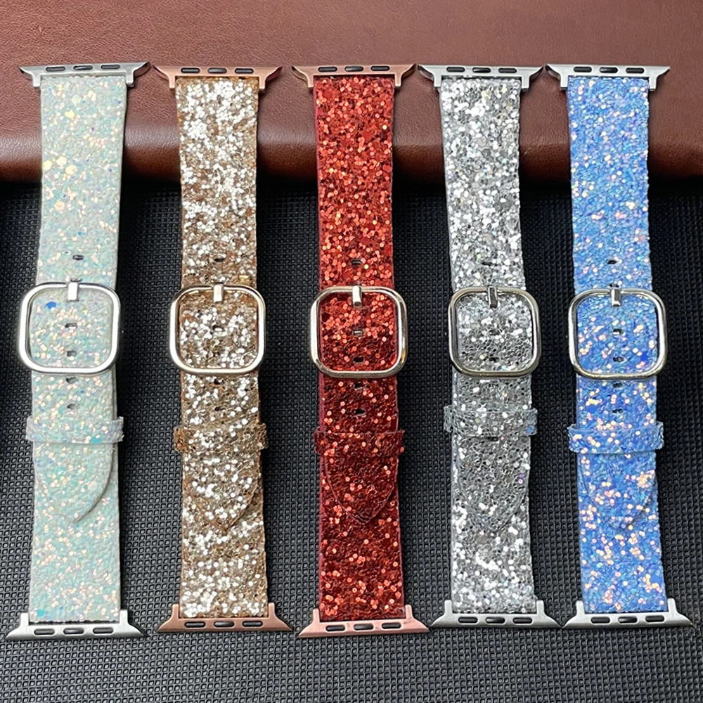 Luxury Woman Leather Strap for Apple Watch band 49mm 44mm 45mm 42mm 41mm 38mm 40mm Blingbling Bracelet iwatch 9 8 7 6 5 se ultra