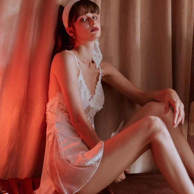 여성용 뷰티 백 백리스 레이스 잠옷, 사이드 오픈 메쉬 V넥 실크 잠옷, 스트랩 잠옷, 섹시 잠옷, 여름