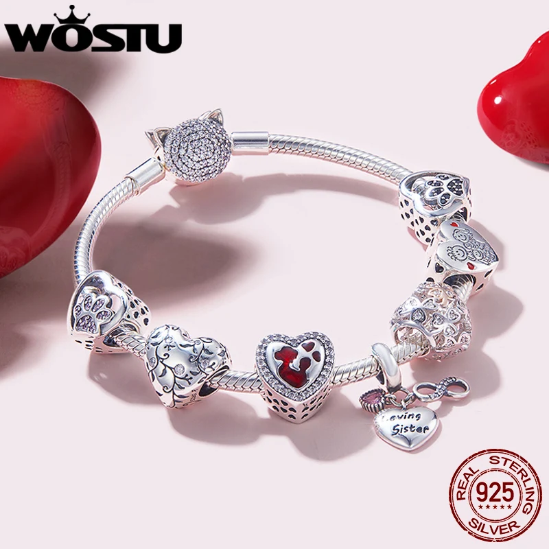 WOSTU 100% 925 Sterling Silver Heart Vintage Charms Beads Fit Original DIY Bracelets Necklace Mother\'s Day Jewelry Gifts for Mom