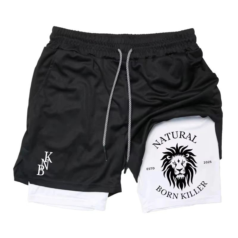 American Trendy Brand Lion Print 2-in-1 Men's Running Shorts Sports Quick-drying Gym Exercise Fitness Summer Casual