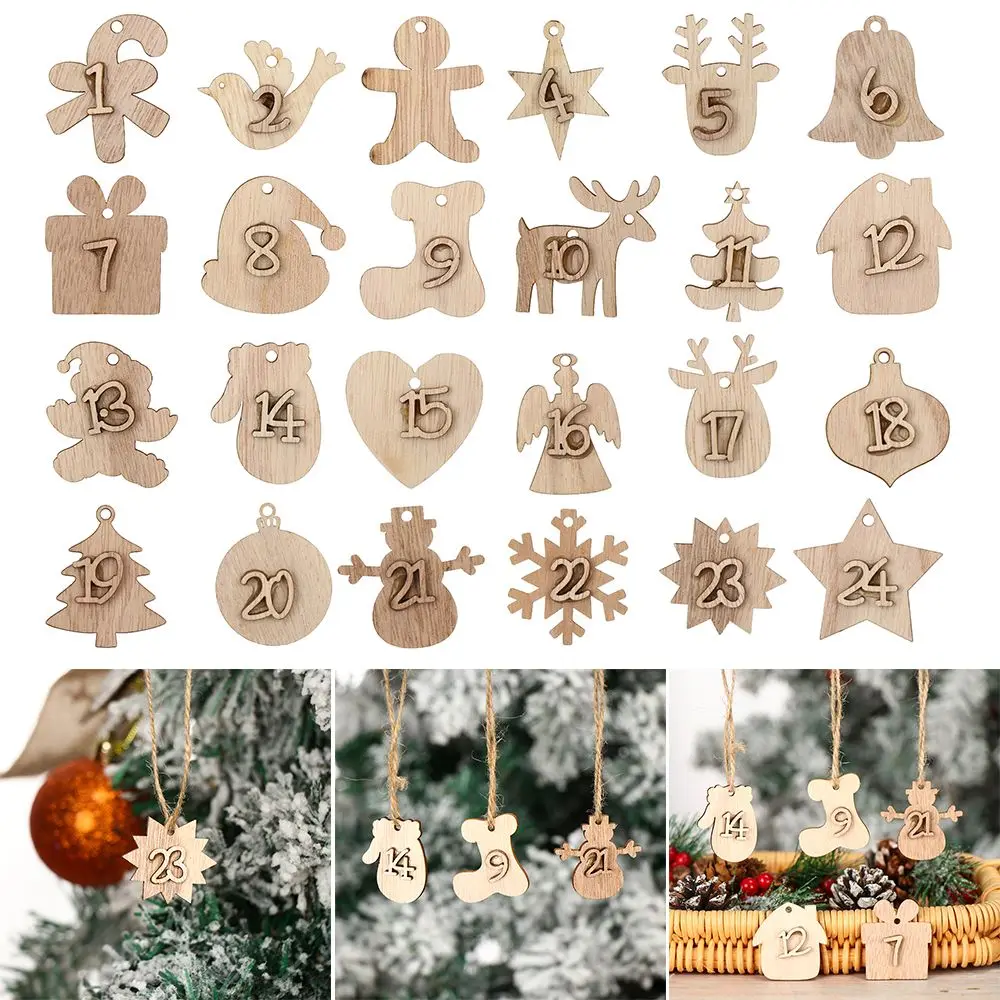 Biscuit Package Xmas Ornament Gift Bags Decor Countdown Hanging Tags Christmas Advent Calendar Wooden Pendant Number Label