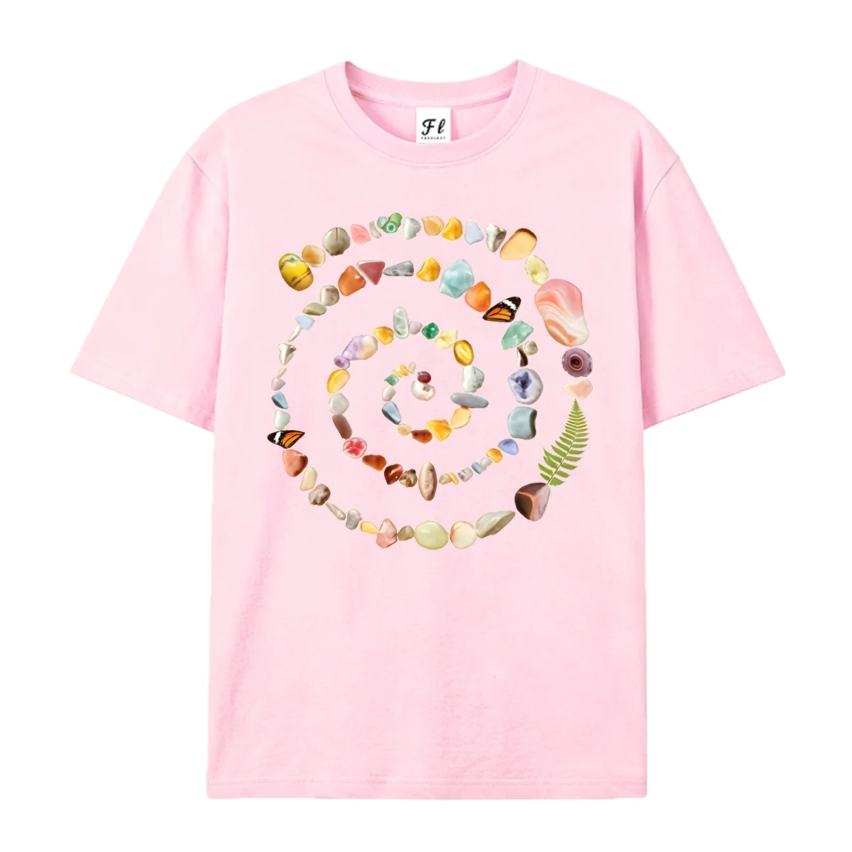 Women Loose Round Neck T Shirt Crystal Stone Spiral Boho Graphic Short Sleeve Casual Summer Nature Art Print Oversized Tees Tops