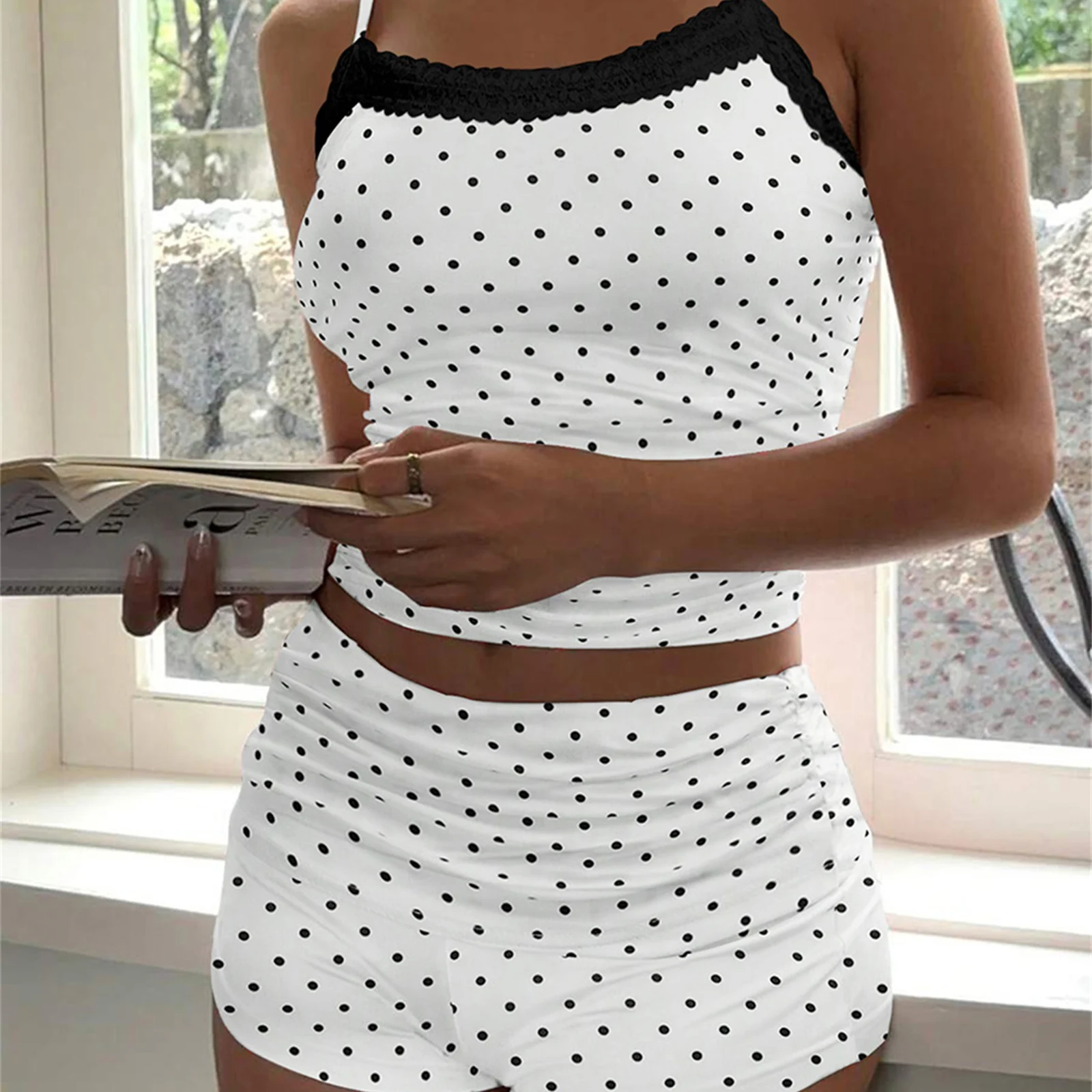 Женские комплекты одежды из 2 предметов: топы на бретелях с квадратным вырезом и мини-узкие шорты с кружевным принтом медведя/цветочным принтом/в полоску/в горошек, летние наряды