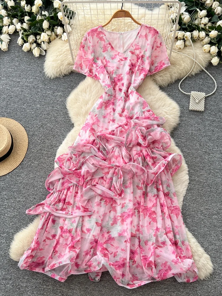 

Summer Floral Print V-neck A-line Dress Women's Short Sleeve Slimming Waistline Casual Holiday Style Korean Version Polyester...