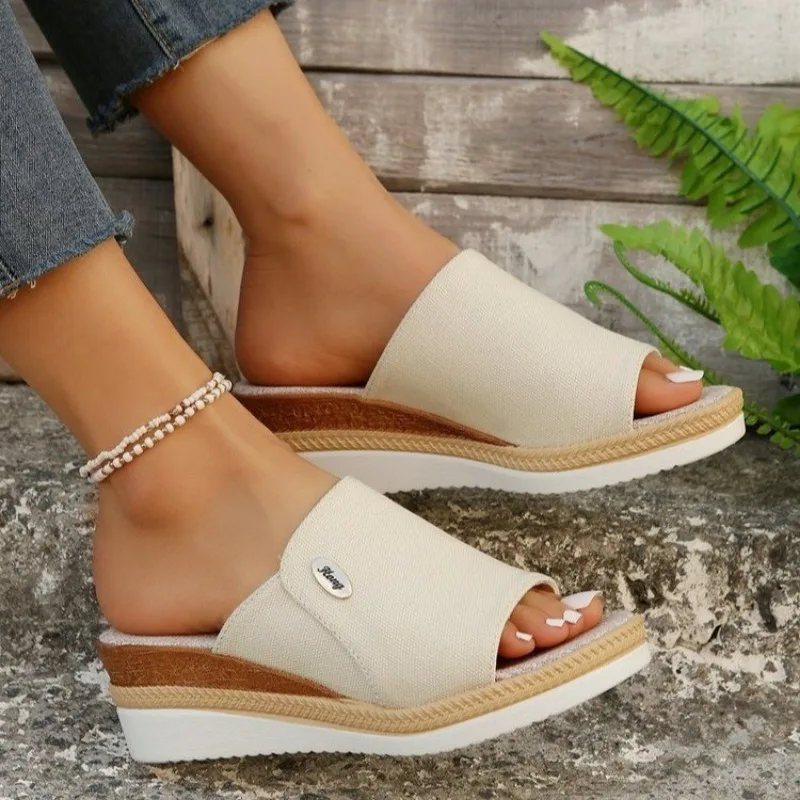 Women Slippers 2024 Summer New Fashion Elegant Cloth Shoes for Women Wedge Peep Toe Platform Slippers Ladies Zapatos De Mujer