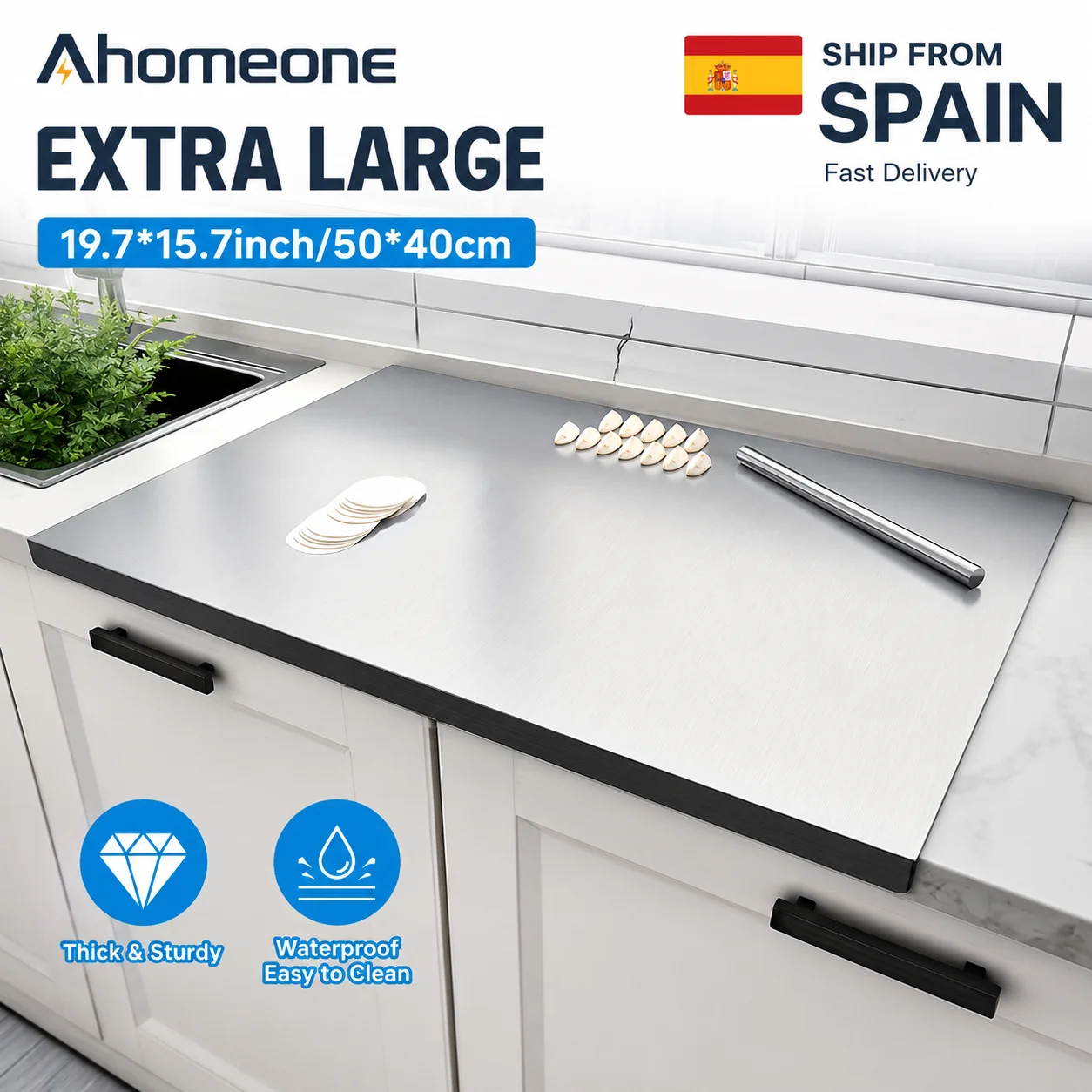Tabla de cortar de acero inoxidable de grado alimenticio 304, tabla de picar extragrande con borde antideslizante en forma de L, tabla de metal para