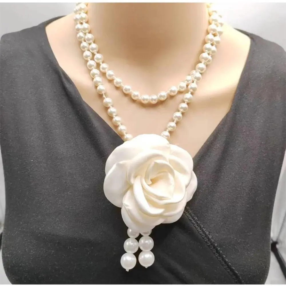 Retro Camellia Flower Pearl Waist Belts Dress Decorative Accessories Elastic Belt Elegant Pearl Waist Chain Clothing Supplies