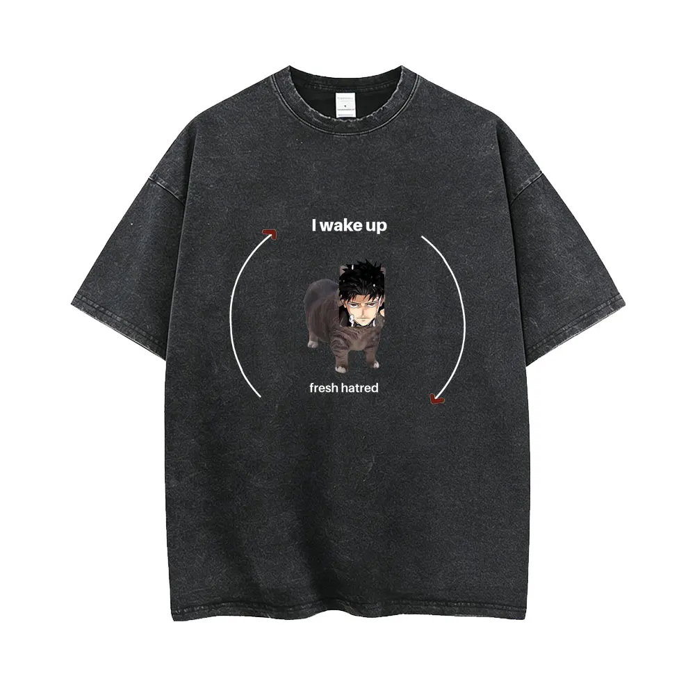 

Washed Vintage Anime Kagurabachi Funny Chihiro Rokuhira Cat I Wake Up Frsh Hatred Meme T-shirt Men's Women Manga Humor T-shirts