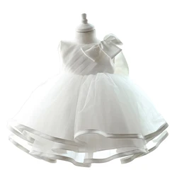 Toddler White Flower Girl Dress for Wedding Party Tiered Tulle First Birthday Princess Dress for 1-14Yr Girls With Bow & Sash