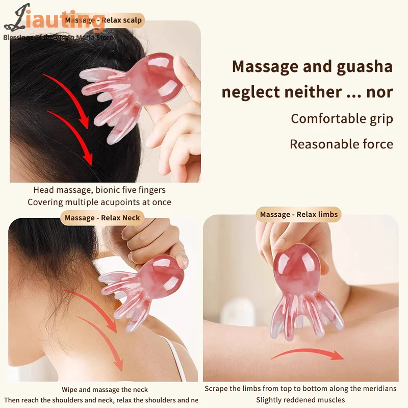 Peine de masaje de pulpo de resina, cepillo de masaje para el cuero cabelludo raspado meridiano, acupuntura, peine de masaje Gua Sha, masaje para aliviar la fatiga