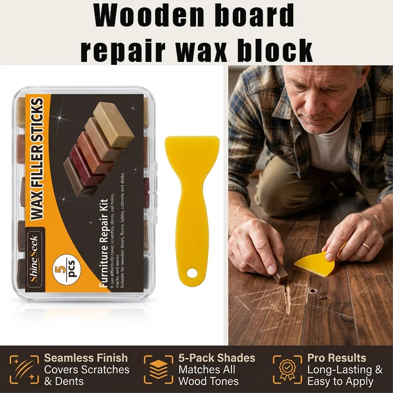 5Pcs Super Strong Dark Wax Blocks + 1Pc Scraper Set —— Dark Brown Series Wood Filler Wax Block Kit, Suitable for Wooden Furniture and Floors, Furniture Repair Marker Pen, Linseed Oil Floor Repair Set with Scraper, Effectively Covers Scratches, Dents, Nail Holes, Cracks, and Stains Suitable for Wooden Doors, Floors, Tables, Cabinets, Desks. Indispensable Woodworking Tools, a Great Choice!