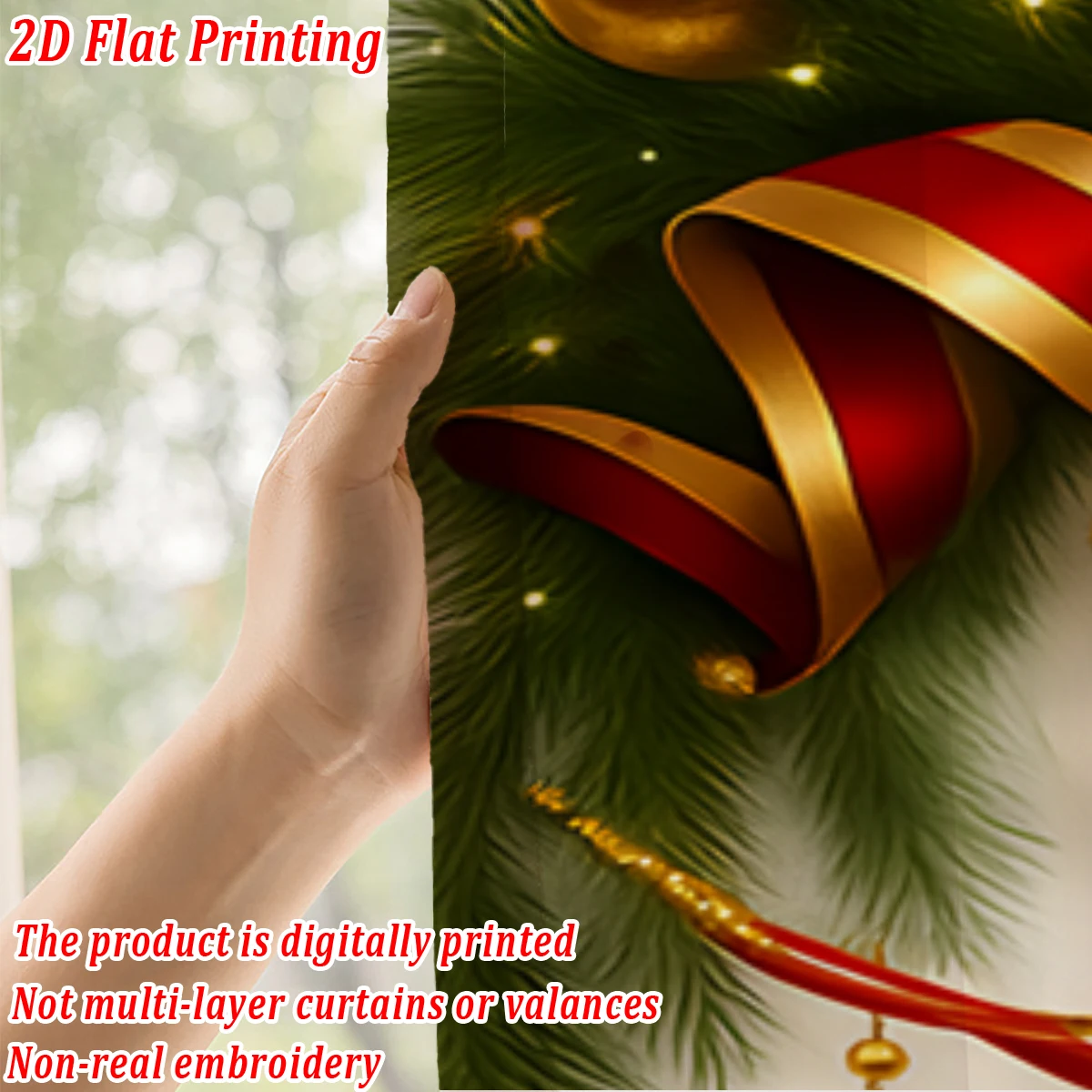 Christmas Flat Printing Kitchen Sheer Curtain with Merry Christmas Bow Ball Pine Branch For Christmas Home Decor  Party