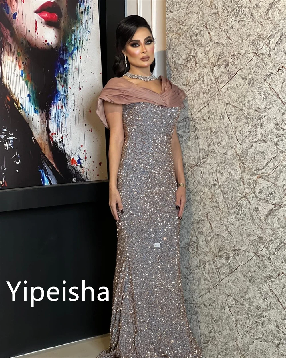 Yipeisha Simple High Quality Off-the-shoulder Sheath Evening Homecoming  Sequin Fold   Satin Quinceanera Dresses