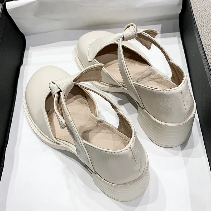 Beige Heeled Sandals Round Toe 2024 Women\'s Bow Shoes Shallow Mouth All-Match Black New High Block Girls Comfort Summer Clear