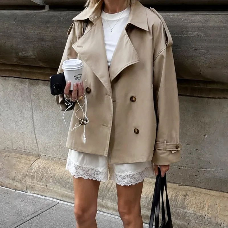 YLT Womens Vintage Double Breasted Cropped Trench Coat Khaki Lapel Collar Belted Long Sleeve 2026 Fall Winter New Trendy Classy