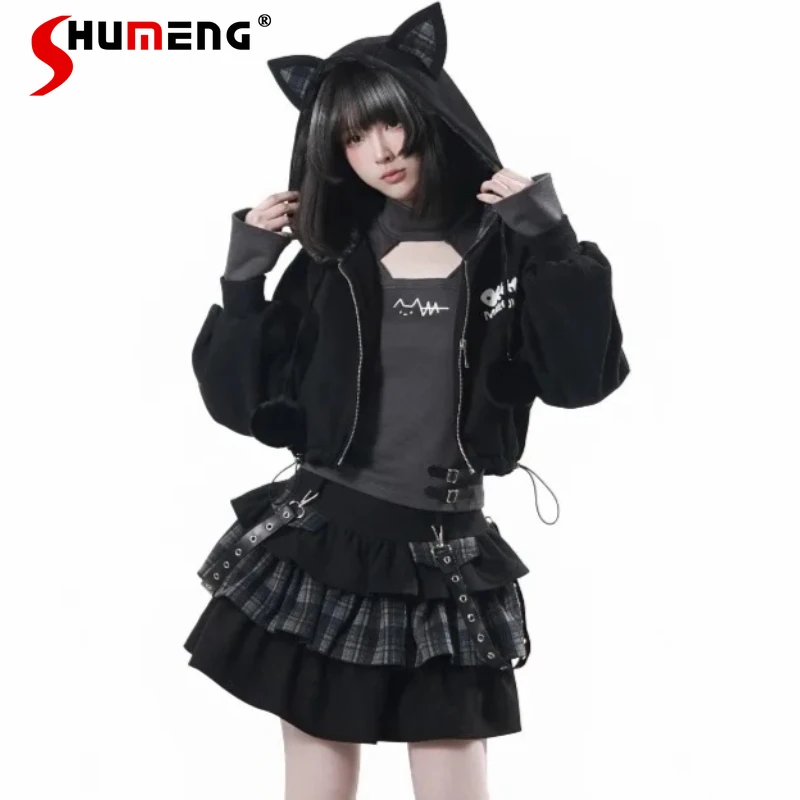 

2026 Autumn New Cartoon Cat Ear Patchwork Slim-fit Cropped Jacket Matching Skirt Set Japanese Punk Style Sweatshirt Outerwear