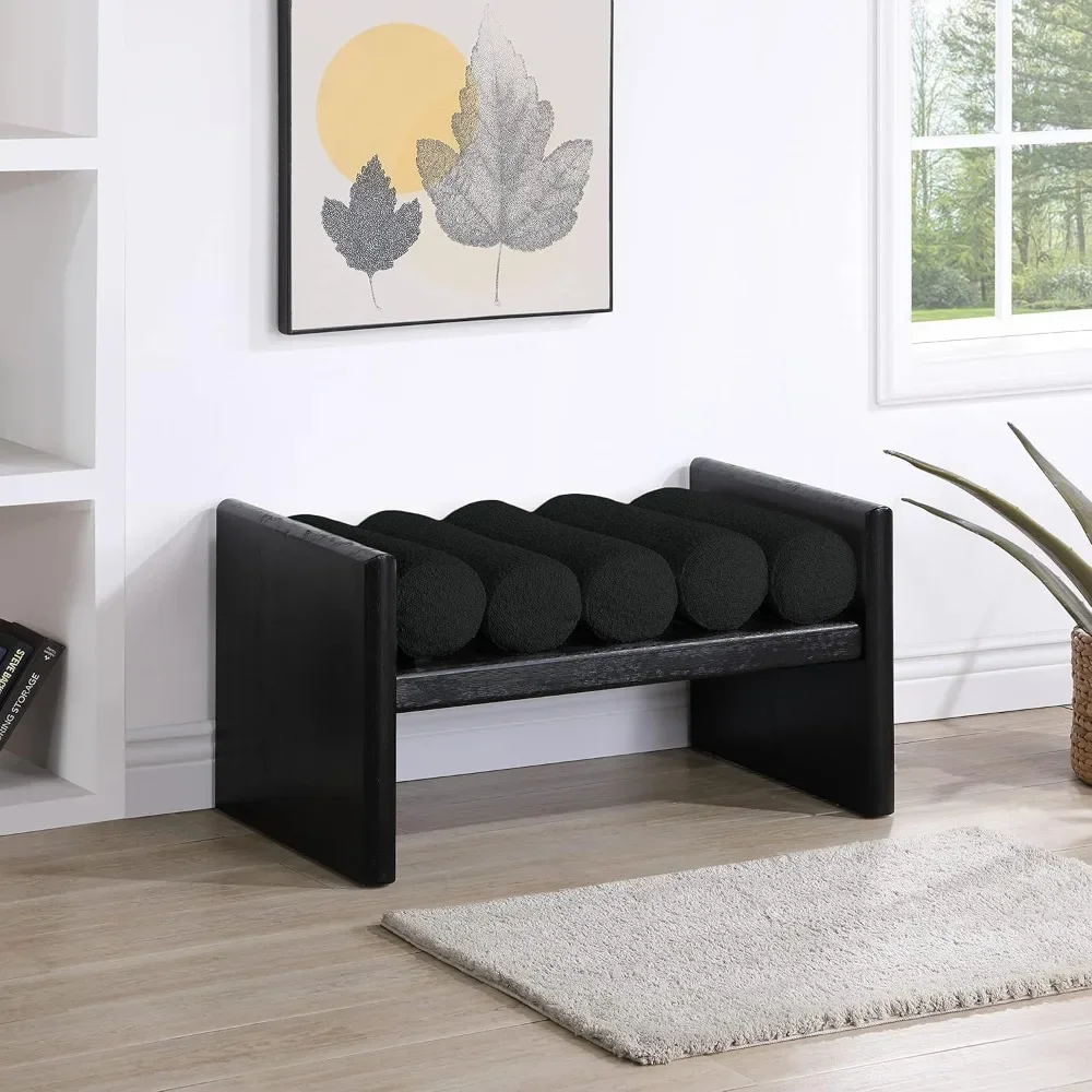 176Black Waverly Collection Modern | Contemporary Bench with Solid Wood Rich Black Finish, Luxurious Black Boucle Fabric