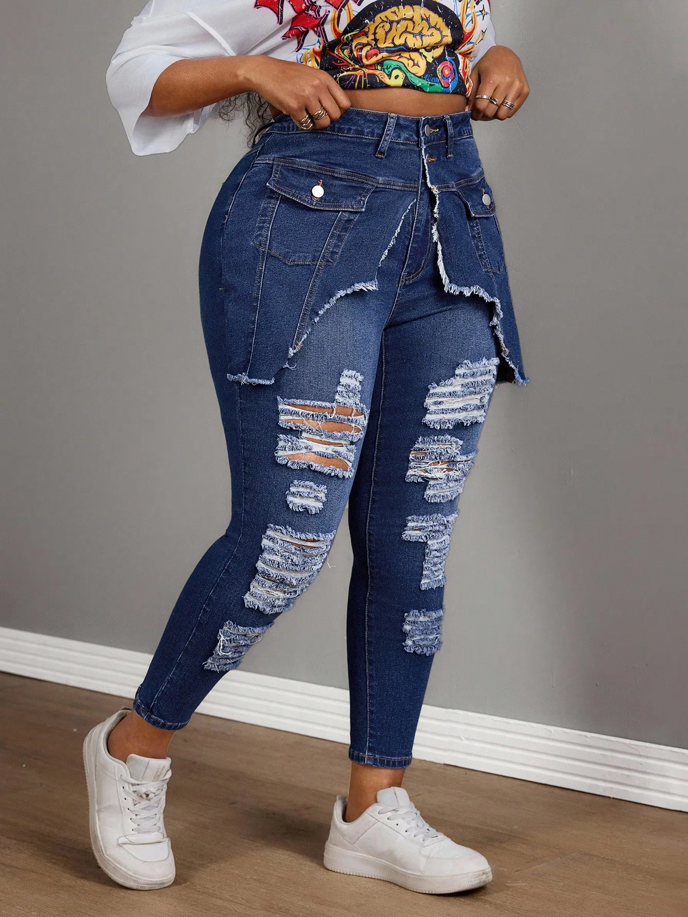 

Джинсы скинни больших размеров с высокой талией, рваные, с накладным карманом и эффектом потертости