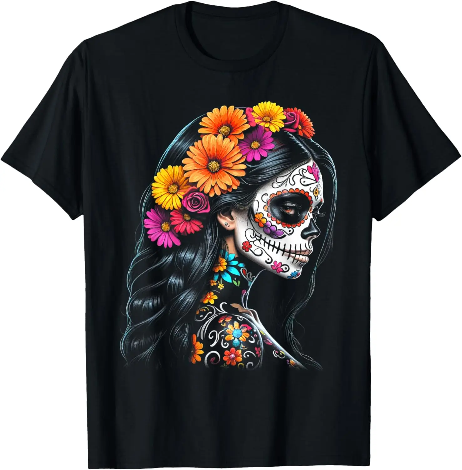 Sugar Skull La Catrina Day of the Dead Floral Graphic T-Shirt Women Streetwear Cotton Tee