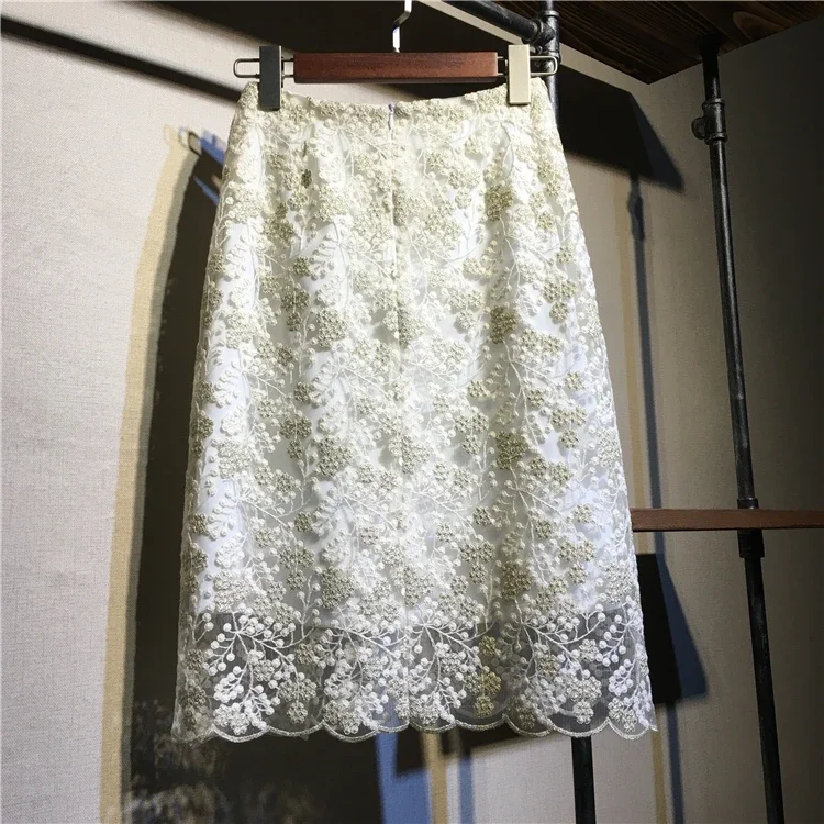Spring Summer Sexy Package Hip Embroidery Mesh Skirt Ladies Temperament High Waist Stretch Pencil Skirt Office