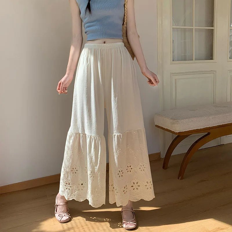 Pure Color Wide Leg Pants Lace Embroidery Hollow out Inner Skirt for Women Artistic Base Layer Pants Anti-Light Walking