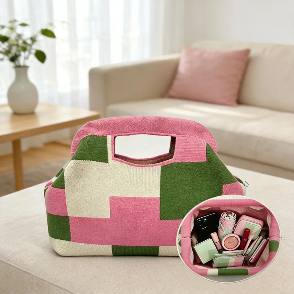 New Woven Bag Hollow-Out Striped Knitted Handbag Fly-Knitted Cloud Versatile Portable Cosmetic Bag