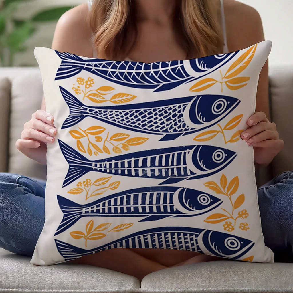 1pc Danish Woodcut Sardine Pillow Cover 16x16/18x18/20x20 Inch Double-Sided Polyester Decorative No Insert