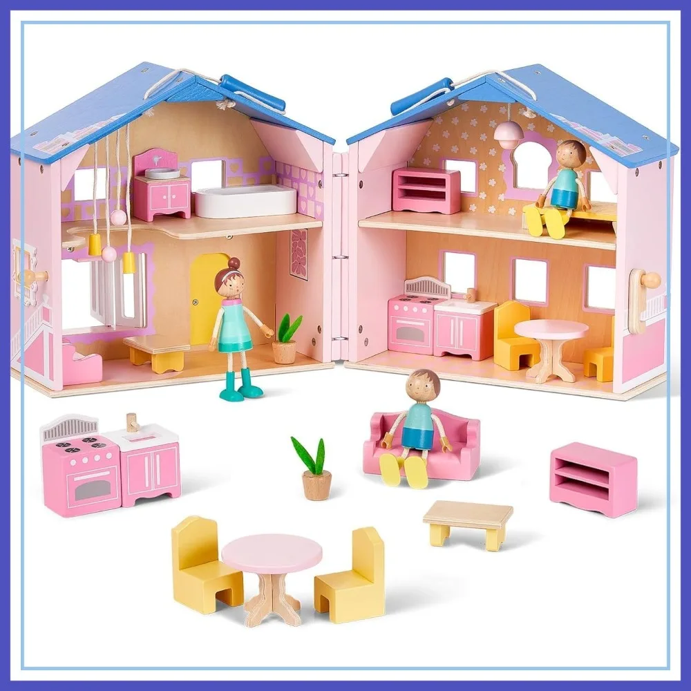 

Exquisite Pink Wooden Dollhouse with 2 Dolls & 12 Furniture, Foldable Portable Pretend Play Set, Gift for Ages 3+