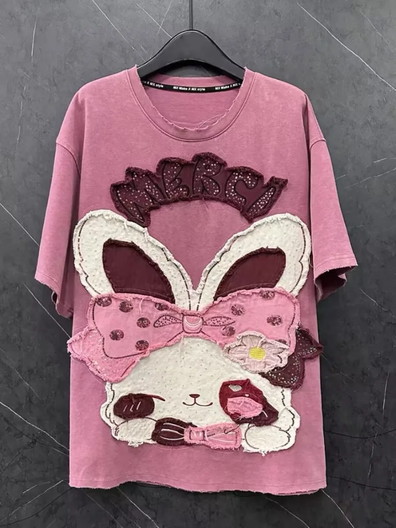 

Summer New Heavy Craftsmanship PATCH Embroidery Butterfly Knot Rabbit Short Sleeved T Shirt Women Sweet Age Reduction Tops Tee