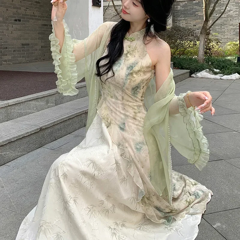 

2025 Summer New Elegant Chinese Dress Halter Neck Printing Splicing Irregular Style Dress For Daily Wear HOT SALE