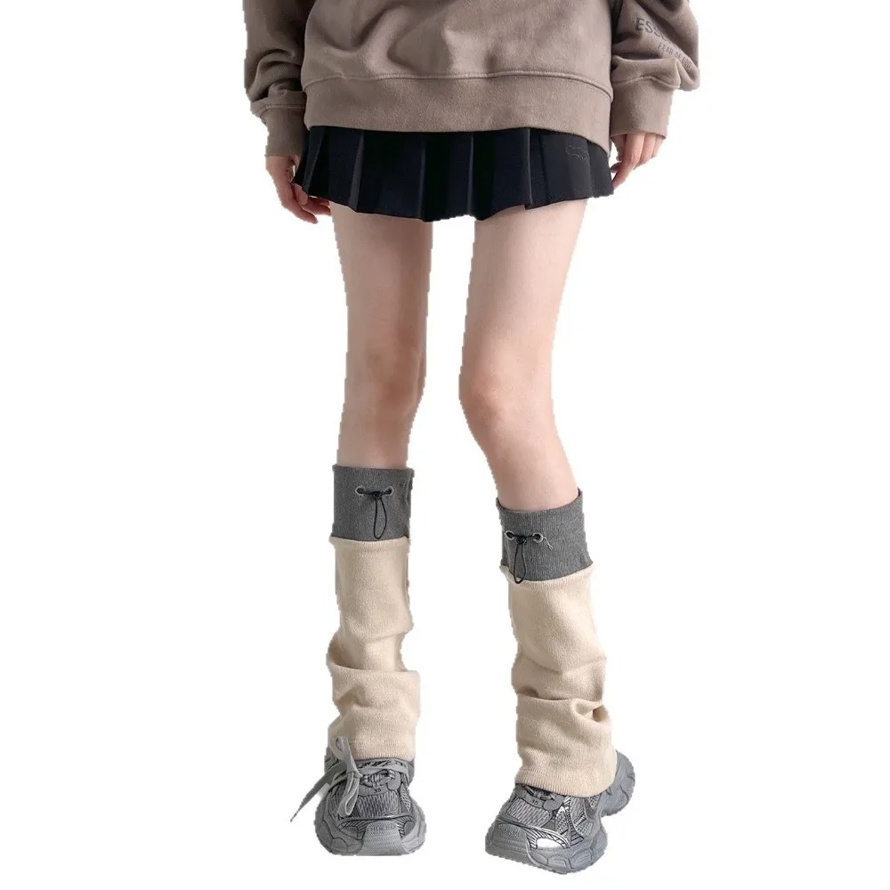 1 pair Middle Tube Leg Warmers Gray Spliced Adjustable Buckle Calf Socks Drawstring Closure Breathable Boot Cuffs Autumn Winter