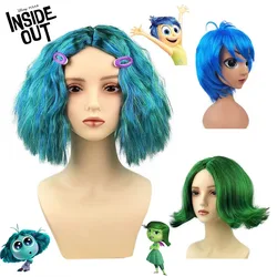 Disney Inside Out 2 Envy Short Blue Curly Heat Hairpiece Joy Wig Disgust Sadness Masquerade Cosplay Headgear Head Cover Wig Cap