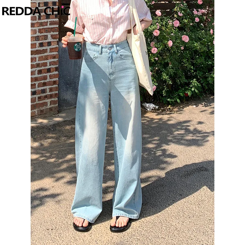 

REDDACHiC Distressed Blue Baggy Jeans for Women Y2k Vintage Draped High Rise Plain Casual Wide Leg Pants Minimalist Trousers