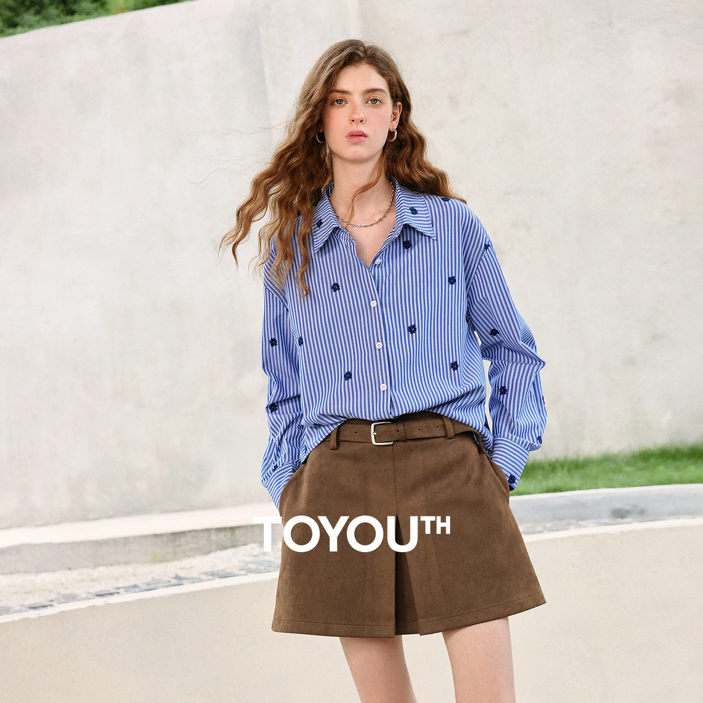 TOYOUTH Women's Clean Girl Long Sleeve Button Down Striped Shirt 2026 Fall New Arrival Tiny Floral Embroidery Preppy Style Top