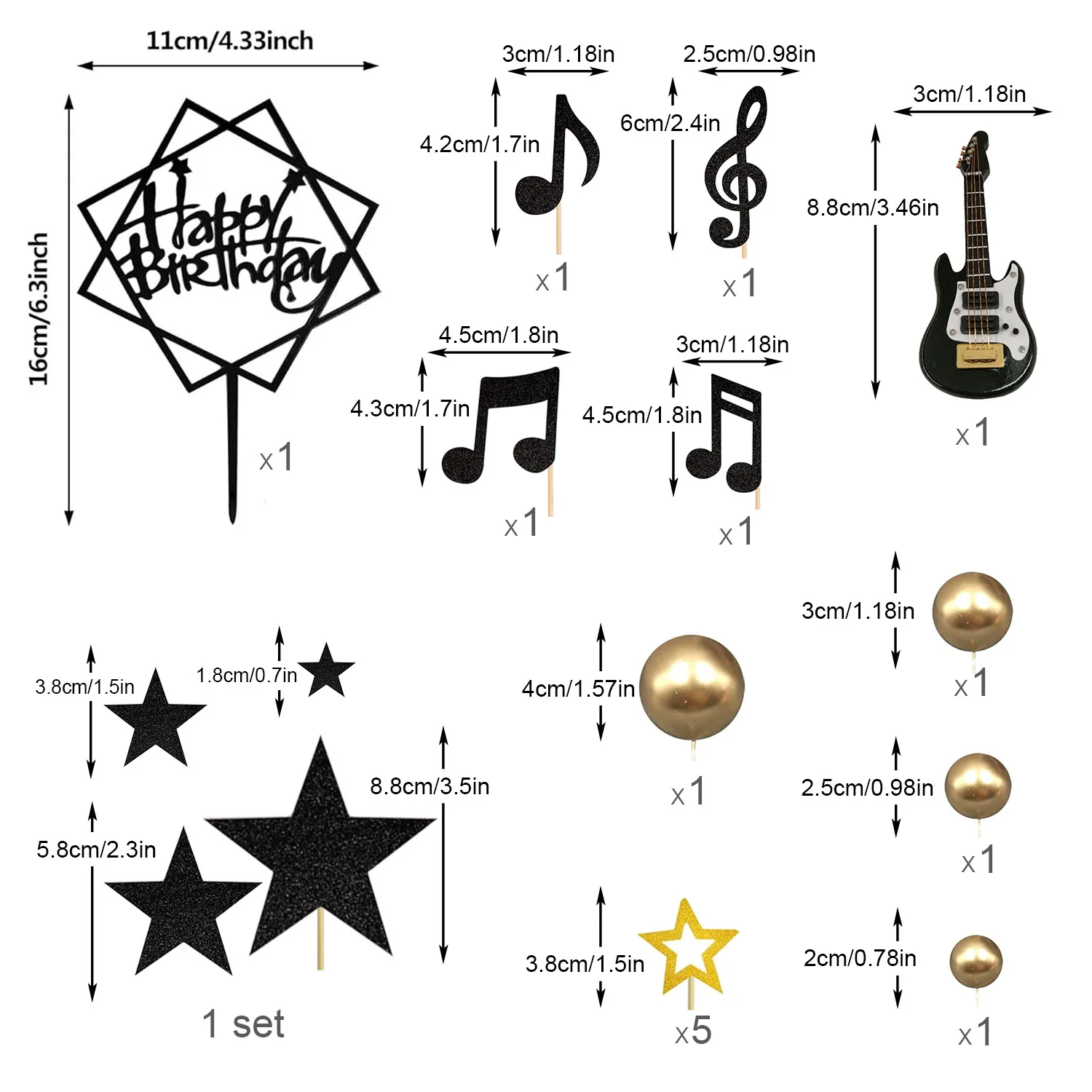 22PCS Guitar Cake Toppers Music Note Birthday Cake Toppers 1:12 Guitar Model Decor Party For Musician Party Birthday Rock Theme