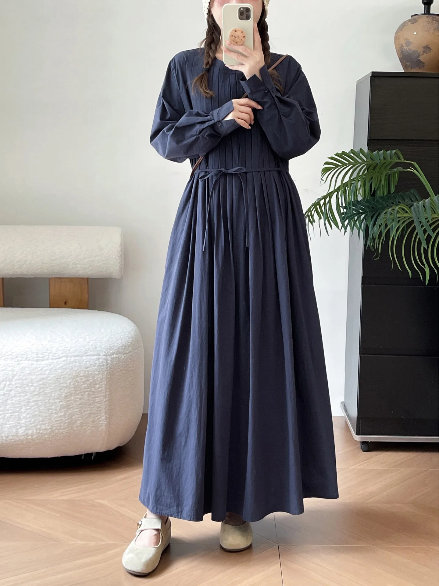 New 2026 Autumn Women Mori Girl Cotton Dress  O Neck Pleated Patchwork Long Sleeve Chic Loose A-line Casual Midi Dress
