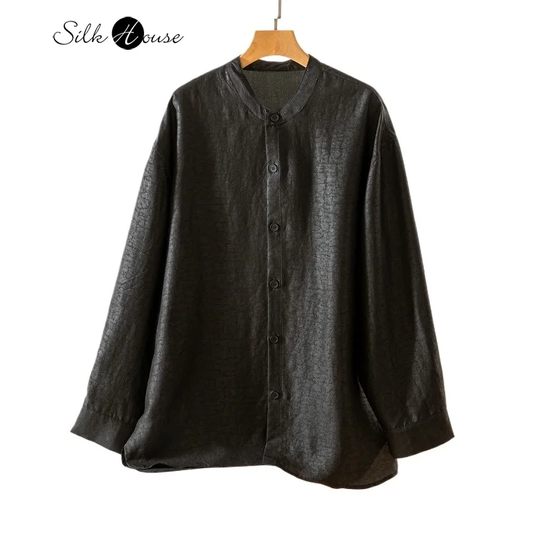 

Women's Fashion Autumn New Black 100% Natural Mulberry Silk Fragrant Clouds Turtles Cracked Standing Collar Long Sleeve Shirt