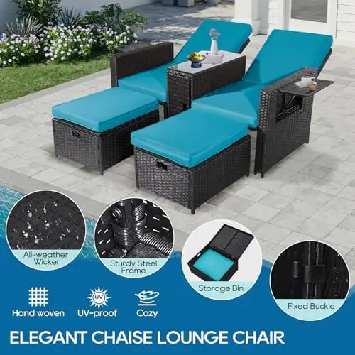 Chaise longue da esterno in vimini da 5 pezzi con ottomano e tavolino da caffè, rattan nero, cuscino turchese