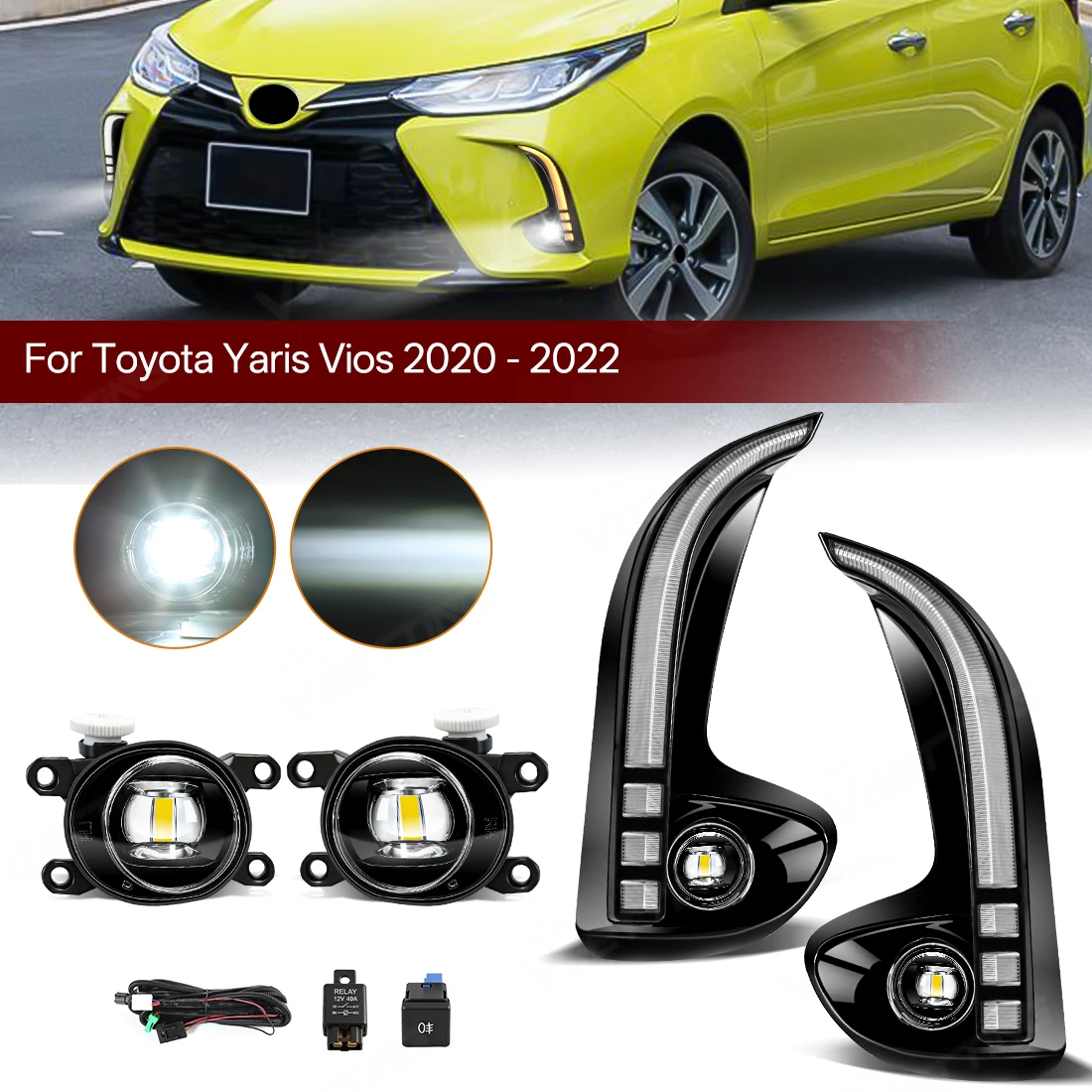 LED Daytime Running Light For Toyota Yaris Vios 2020 2021 2022 Car Fog Lamp Assembly LED DRL Turn Signal with Wiring Harness 12V