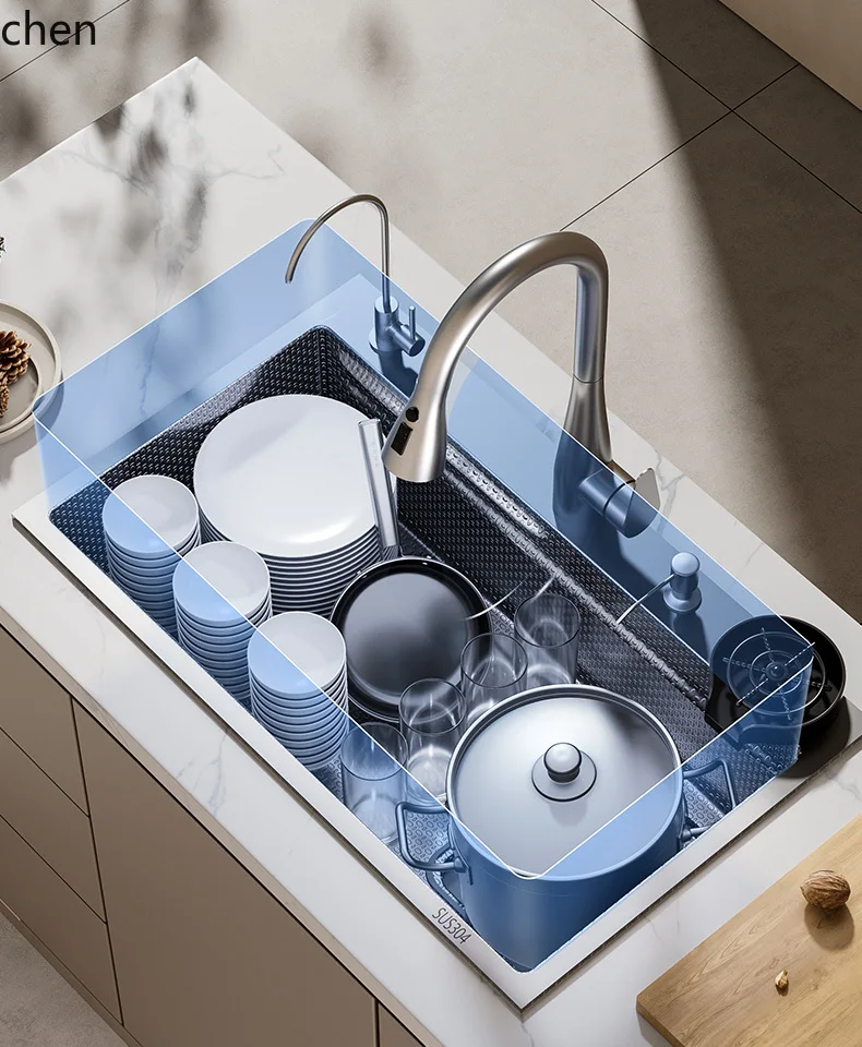 Sink Kitchen 304 Stainless Steel Dishwashing Sink Side Drainage Embossed Multi-Functional Vegetable Washing Basin