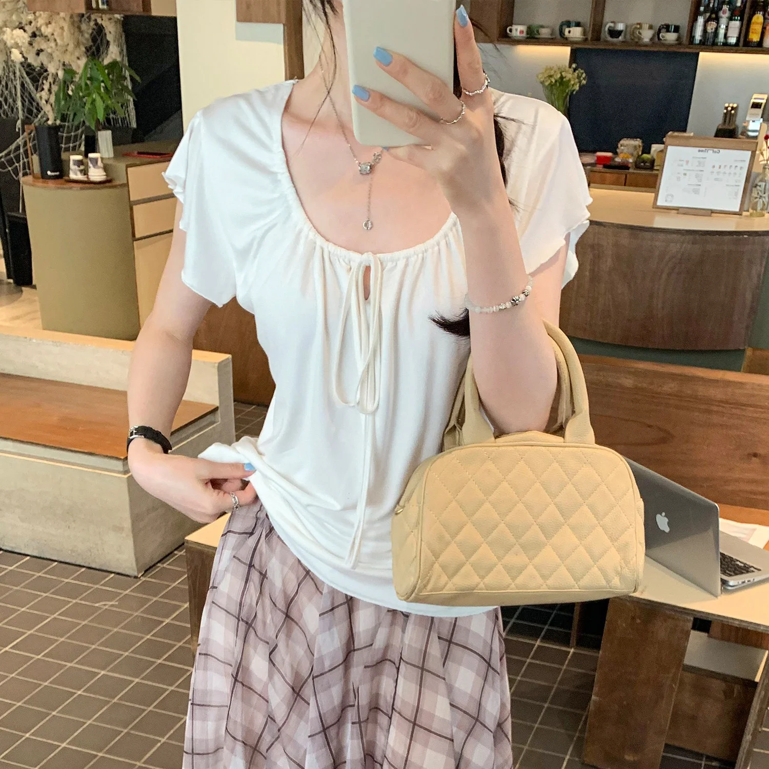 Loose V-neck T-shirt Women's Summer New Style Short Sleeve Belt Design Breathable Comfortable Korean Style Casual Top