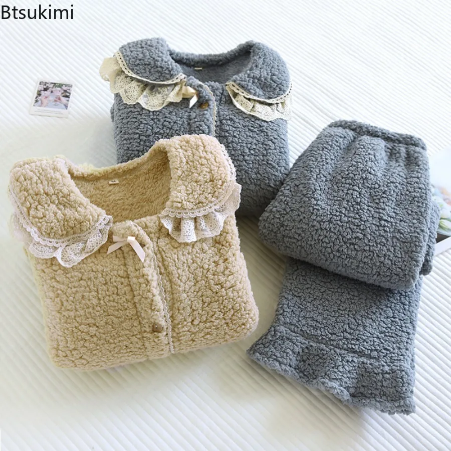 2025 Women's Autumn Winter Warm High-end Coral Fleece Pajamas Sets Long Sleeve Loose-fit Thickened Warm Set Two Piece Set Female