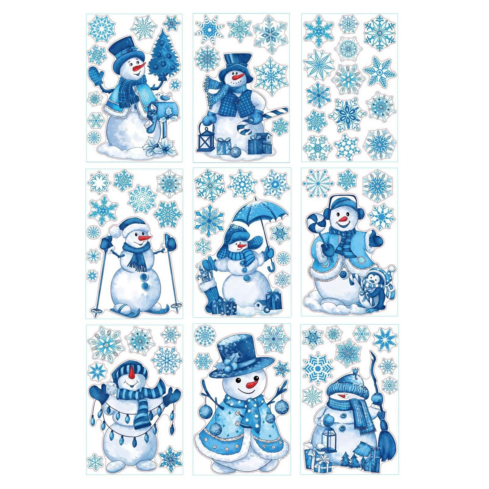 

9pcs 2024 New 2d Christmas Blue Snowman Snowflake Static Window Stickers Window Glass Christmas Decoration