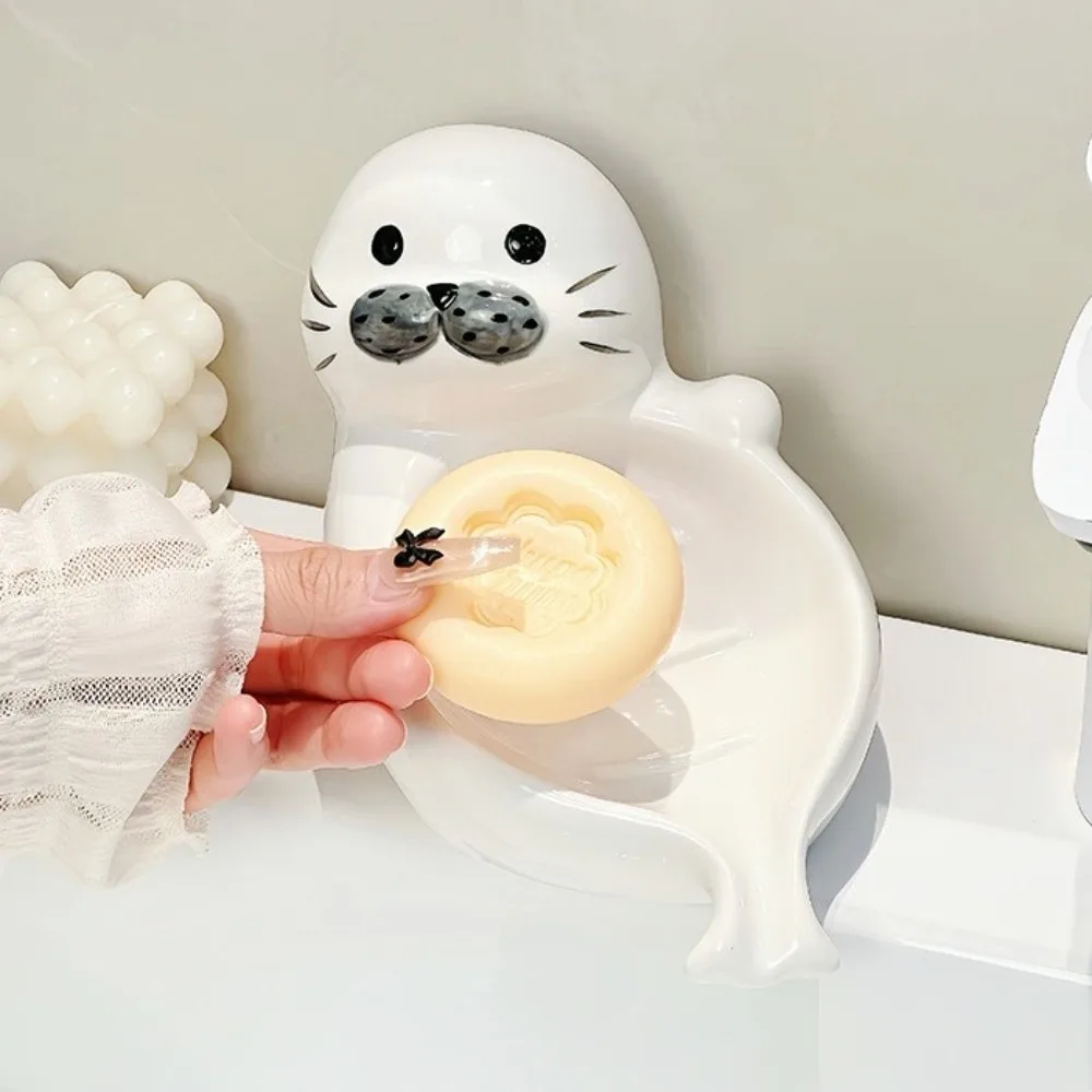 

Cute Sea Lion Soap Dish Drainable Soap Container Self Draining Soap Holder Ceramic Soap Box Bathroom Decor Organizer Household