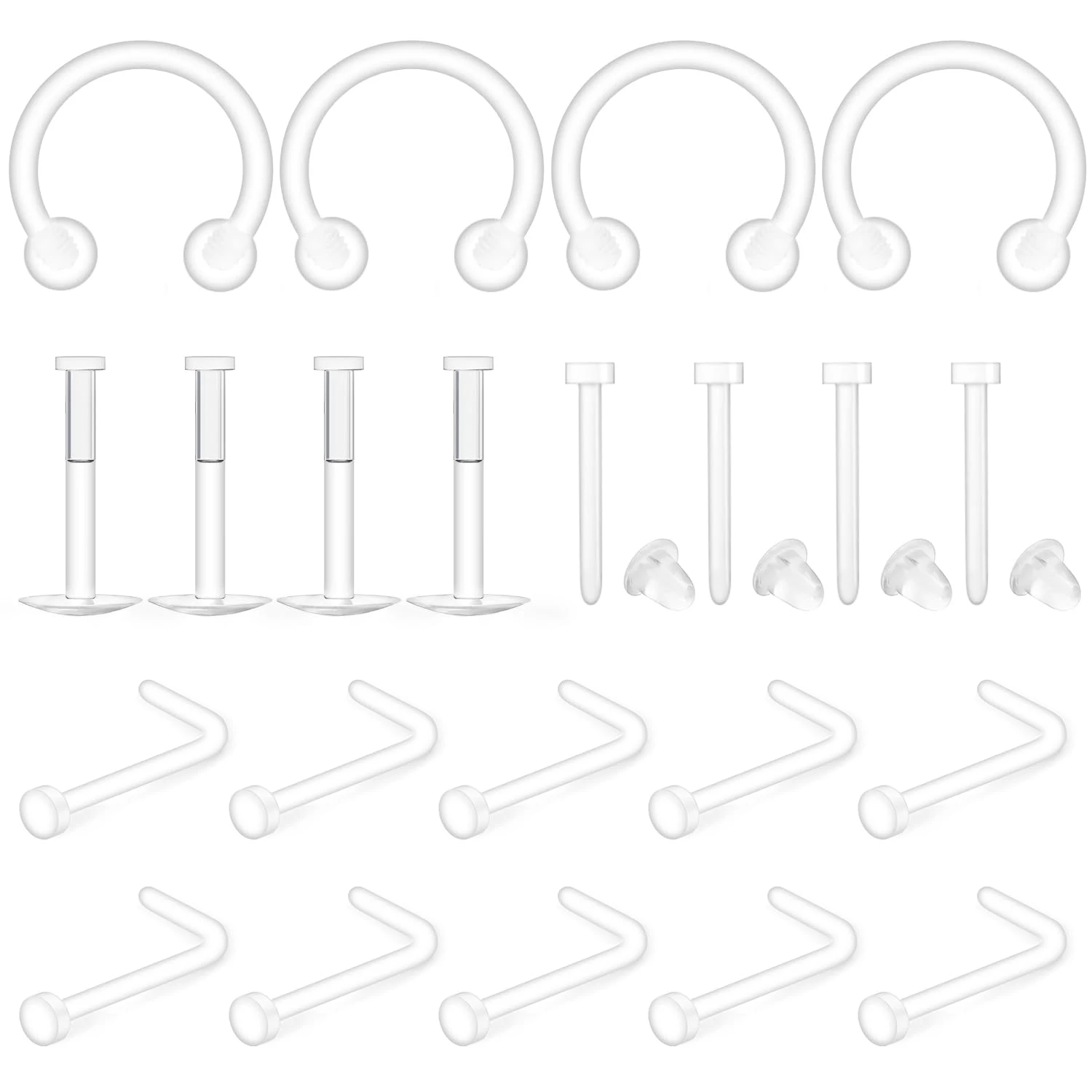 20G 16G Clear Piercing Jewelry Retainers Plastic for Surgery Sports Nose Studs for Work Clear Nose Rings Septum 22Pcs Set