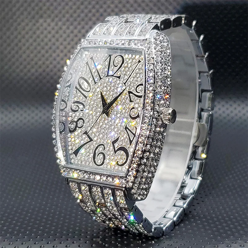 Relógios masculinos de aço inoxidável luxo diamante prata iced out relógio quartzo marca superior 30m à prova dwaterproof água grande dial tonneau