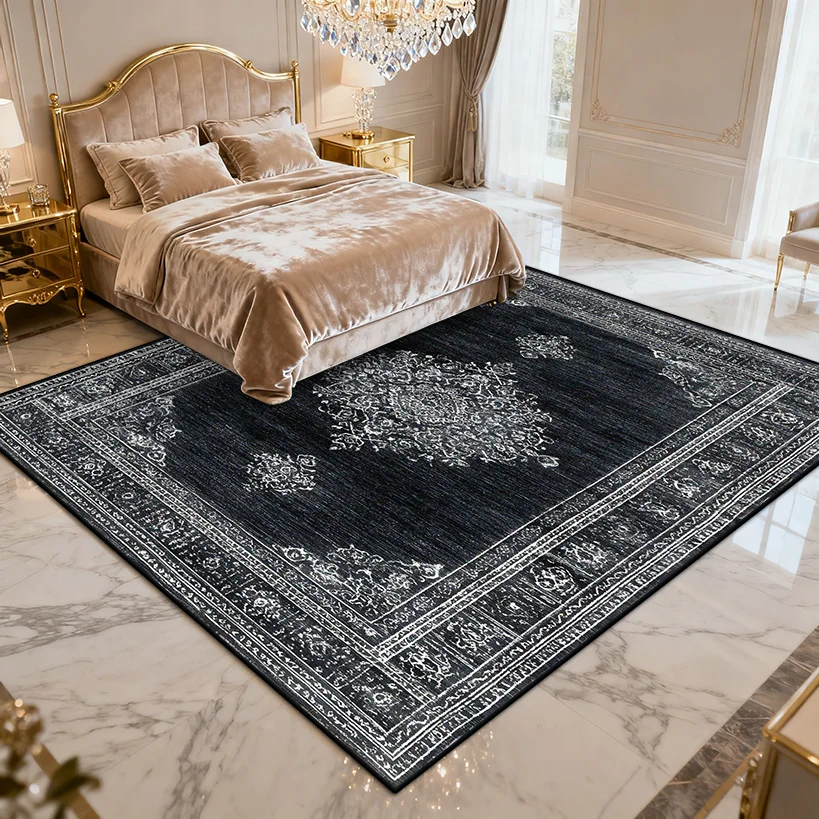 Black Retro Living Room Rug Fireplace Side Large Area Washable Carpets Persian Decoration Bedroom Bedside Rug Cloakroom Soft Mat